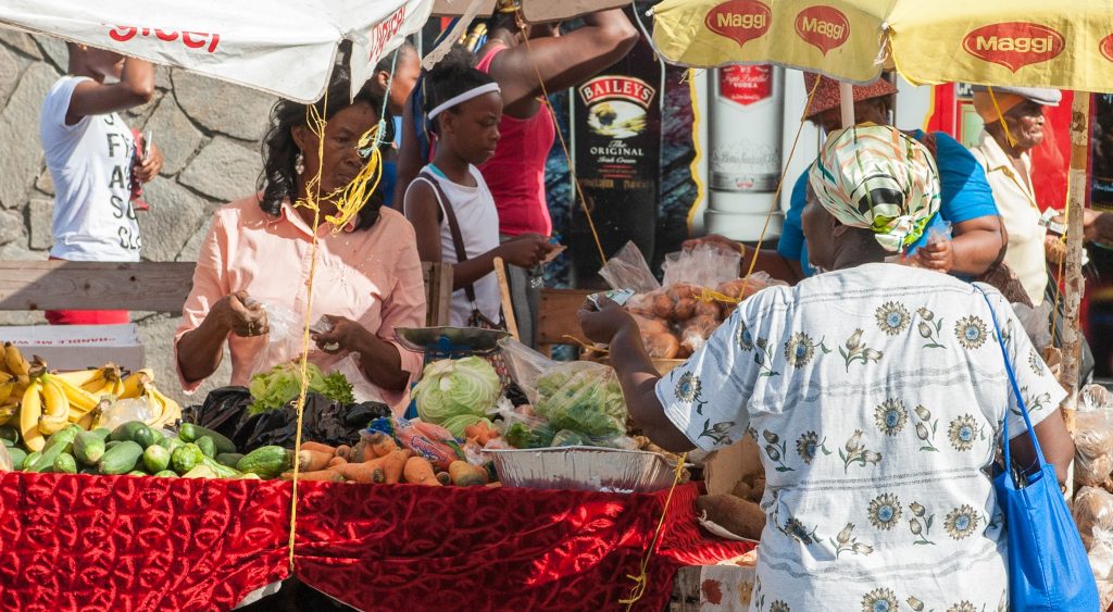 View of customers shopping at the Kingstown Market